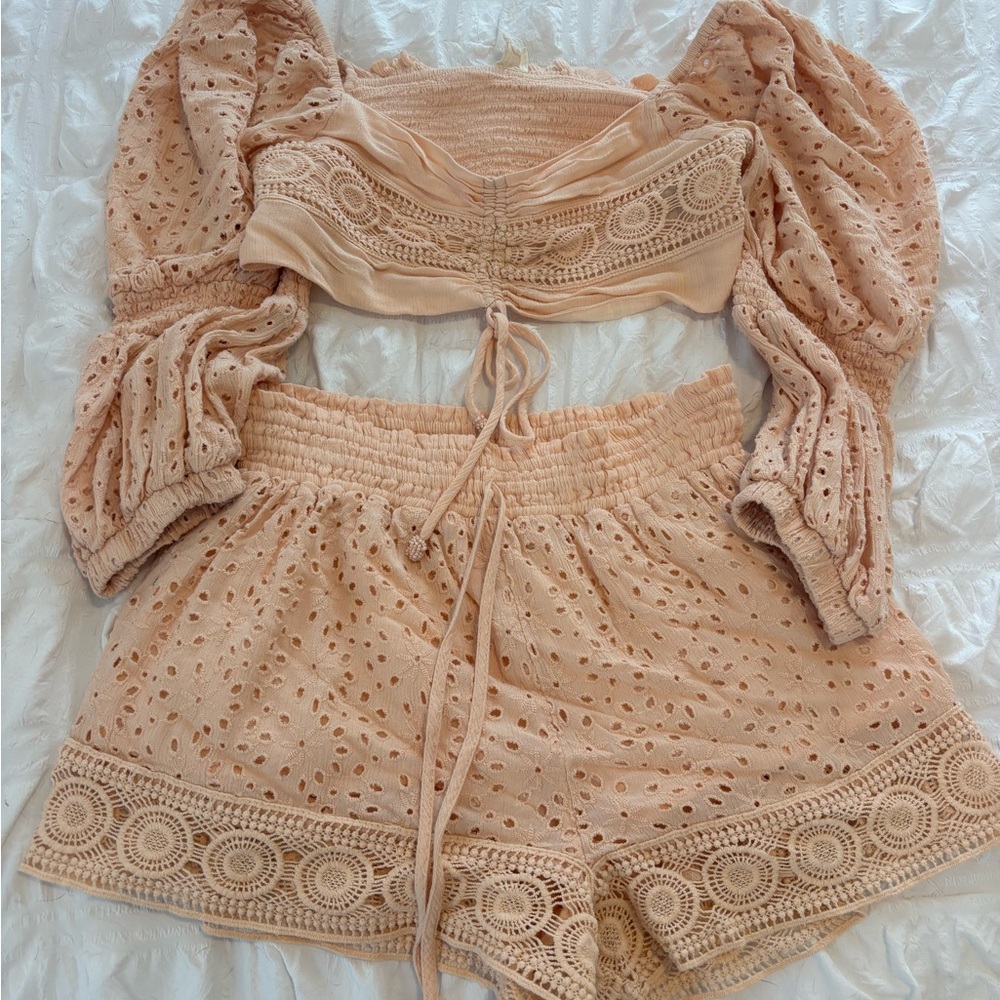 Peach Eyelet Crop Top and Shorts Set